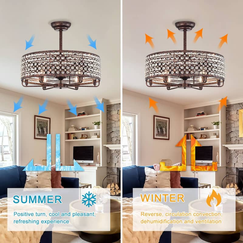 Cusp Barn 26 Inch Farmhouse Cage Crystal Ceiling Fan with Light, Antique Copper Reversible 6-Speed Ceiling Fan Light with Remote