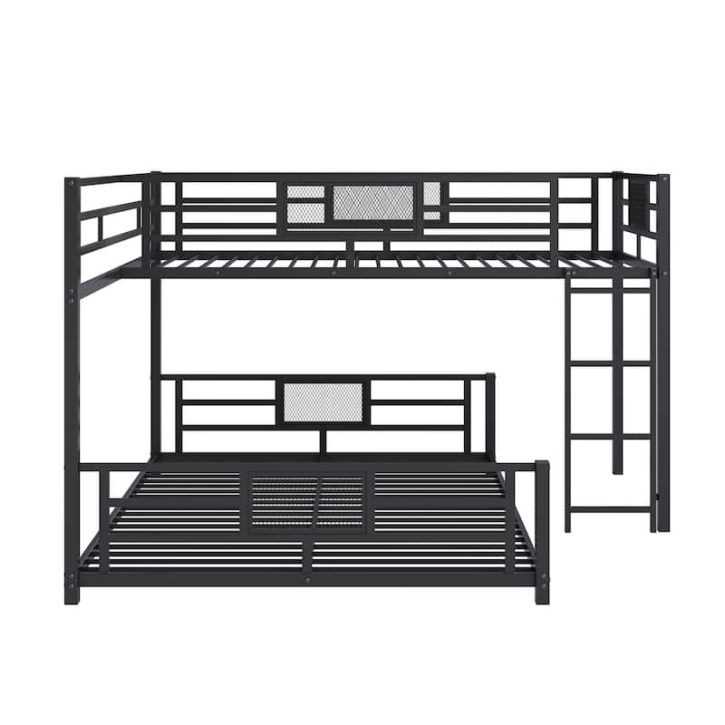 Metal Twin over Full Size Bed Frame, L-shaped Bunk Bed with Full Length Guardrail and Ladder for Children, Boys and Girls