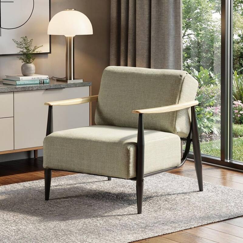 HomeRoots 28" Beige Black and Natural Upholstered Cushion and Solid Wood Arm Chair - 28.15 in. x 30.31 in. x 32.28 in. - 28.15 in. x 30.31 in.  x 32.28 in.