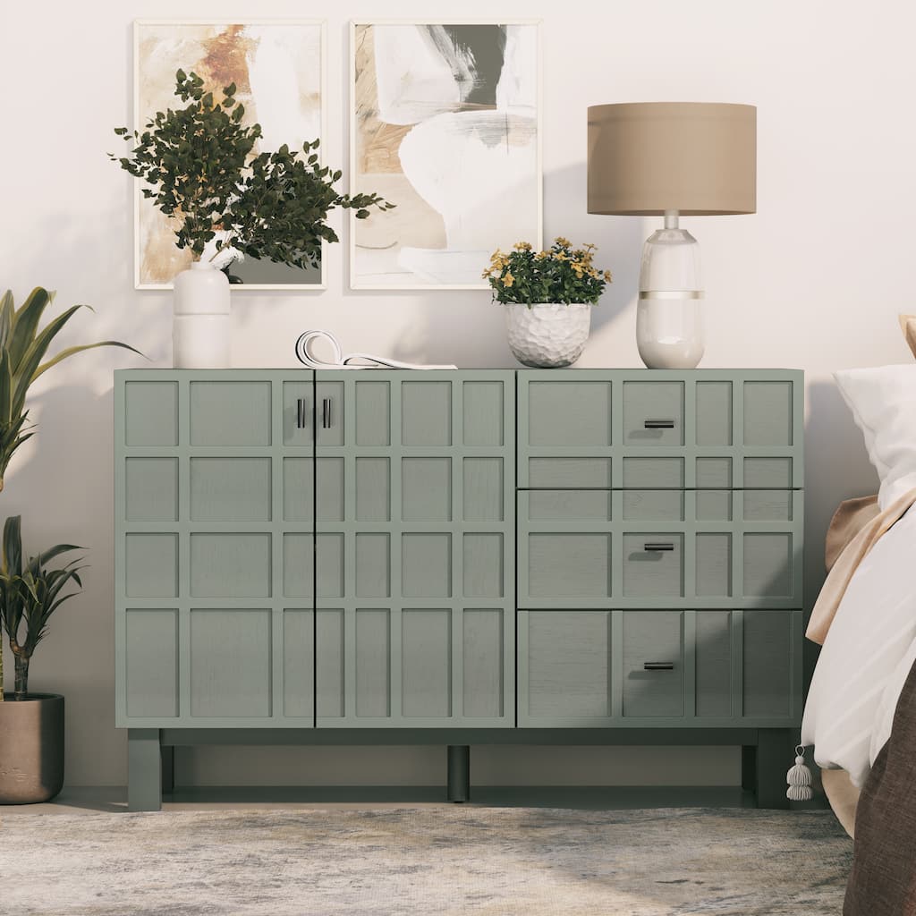 COZAYH Minimalist Sideboard Buffet Cabinet with 2 Doors & 3 Drawers, Modern Grid Carved Pine Front Storage Cabinet