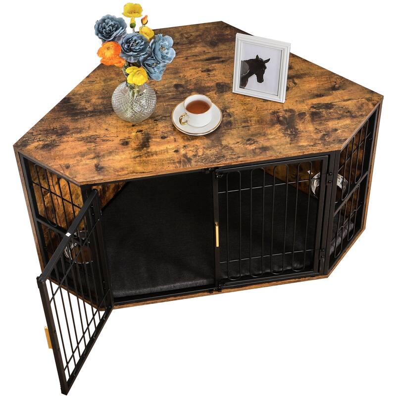 Corner Dog Crate Furniture, Wooden Dog Kennel Furniture End Table, Wood Pet House Dog Cage Crate