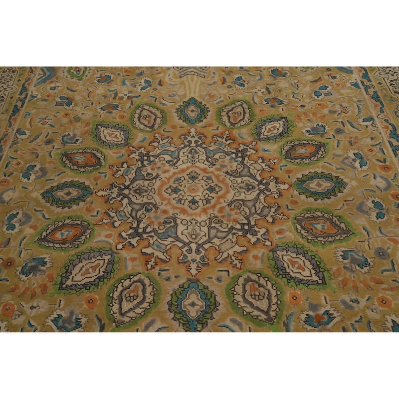 Hand Knotted Oriental 100% Wool Carpet Traditional Floral Yellow & Gold Tabriz Area Rug - 9' 7'' X 6' 5''