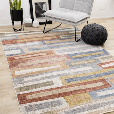 Macey Collection - Modern Grey Blue Red Sophisticated Area Rug