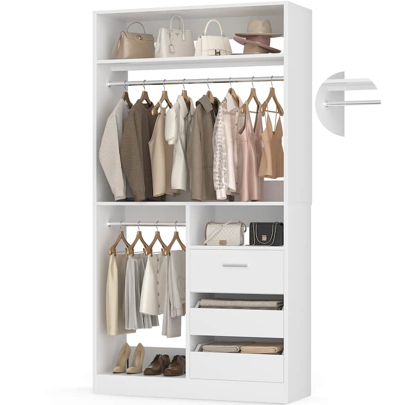 36'' W Freestanding Walk-in Closet Organizer System with 2 Hanging Rods and 3 Wood Drawers