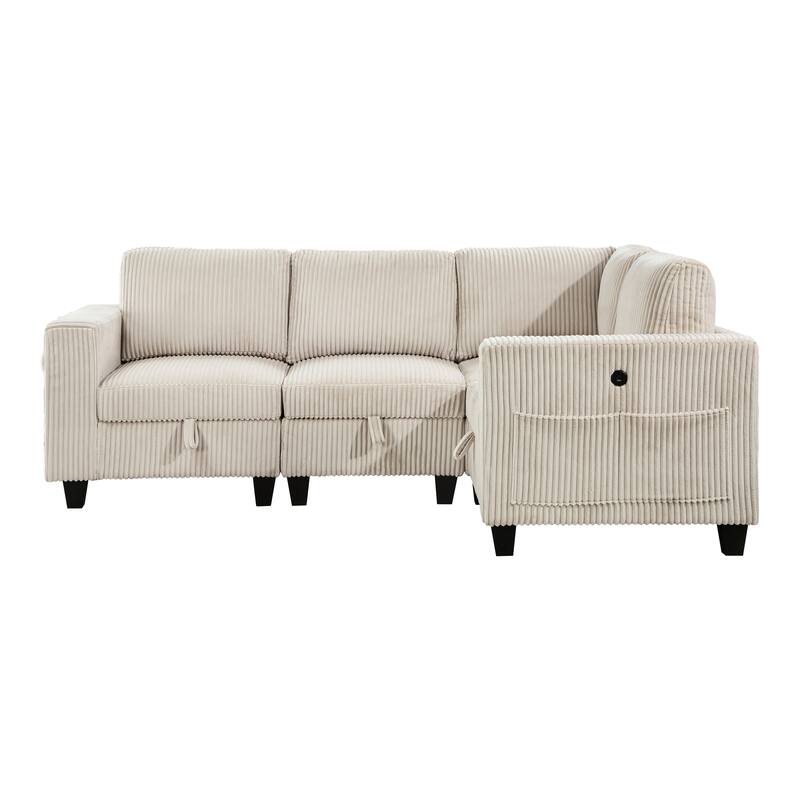 4-Piece Modular Sectional in Beige Corduroy, with Storage, Pockets, Ports, 89x64x36 inches, 235 lbs