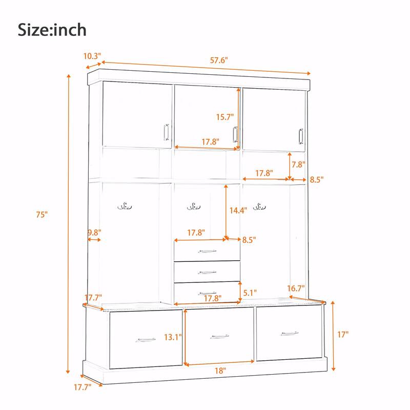 75" Entryway Hall Tree with Bench and Storage - 5-in-1 Modern Design