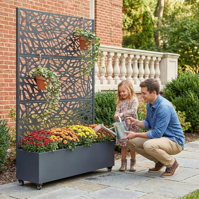 Metal Galvanized Planter Box with Trellis Privacy Screen Lockable Wheels