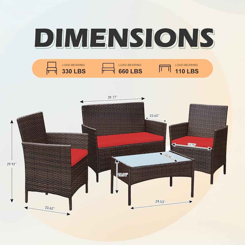 4 Piece Outdoor Patio Furniture Set With Cushions, Patio Wicker Conversation Set & Glass Coffee Table