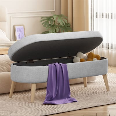 Oval Storage Bench for Living Room/Bedroom/End of Bed/Entryway, 43.5" Linen Fabric Upholstered Entryway Bench