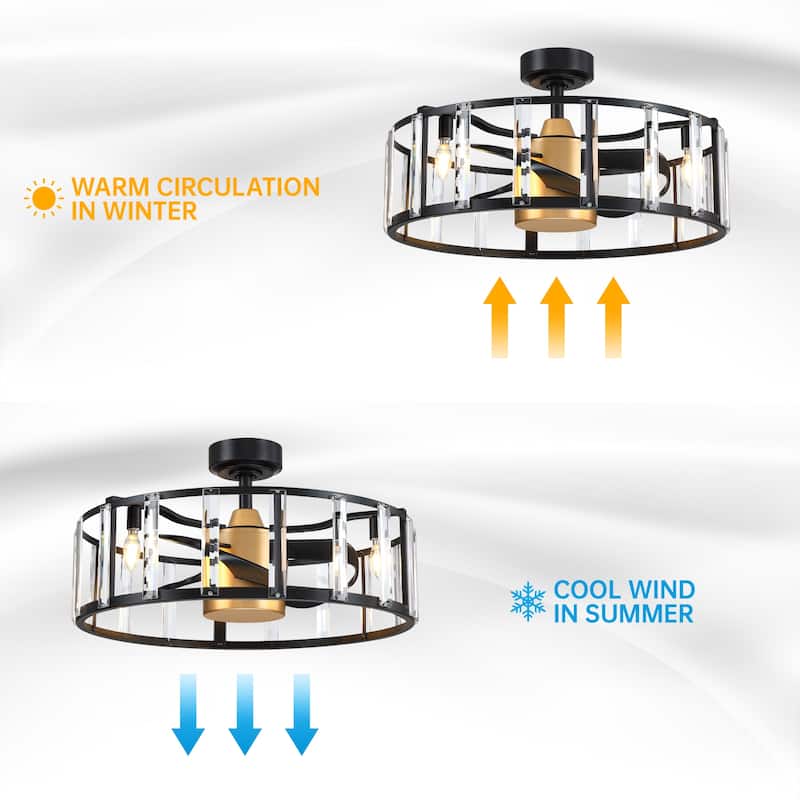 27" Modern Black ABS 3-Blade Crystal Caged Ceiling Fan Chandelier with Remote