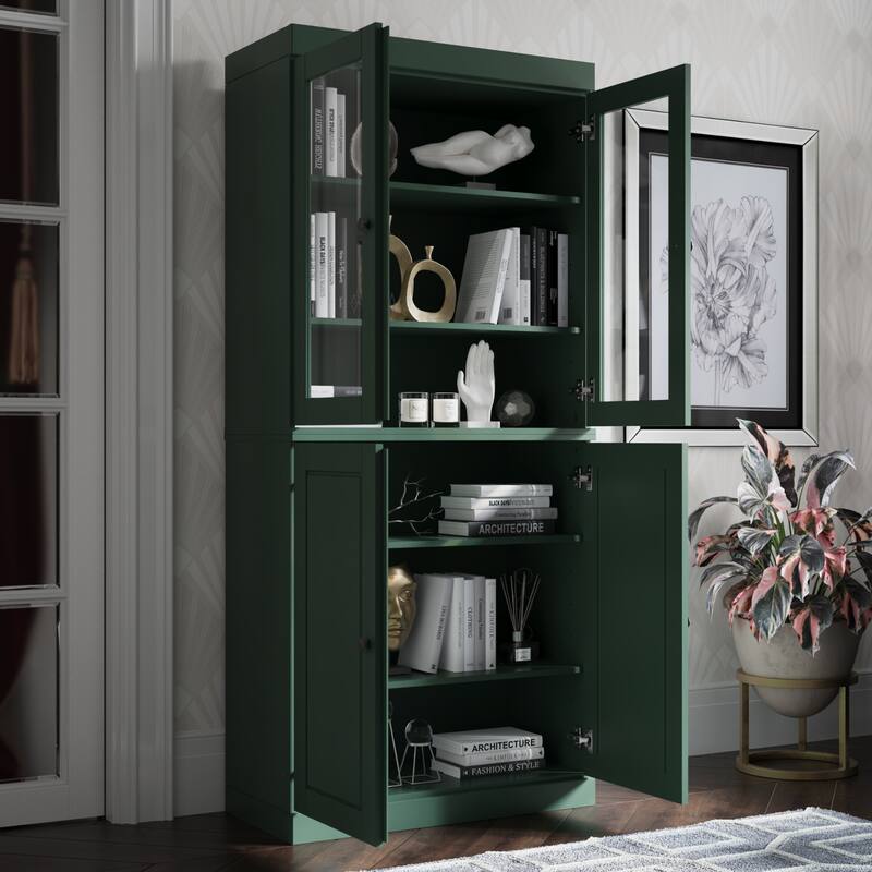 Palace Imports Solid Wood 6-Shelf Bookcase, Raised Panel Clear Glass Doors, Adjustable Shelves