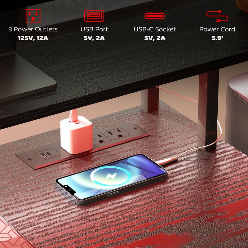Distressed Black Gaming Desk with RGB Lights and Charging Station Storage Drawers