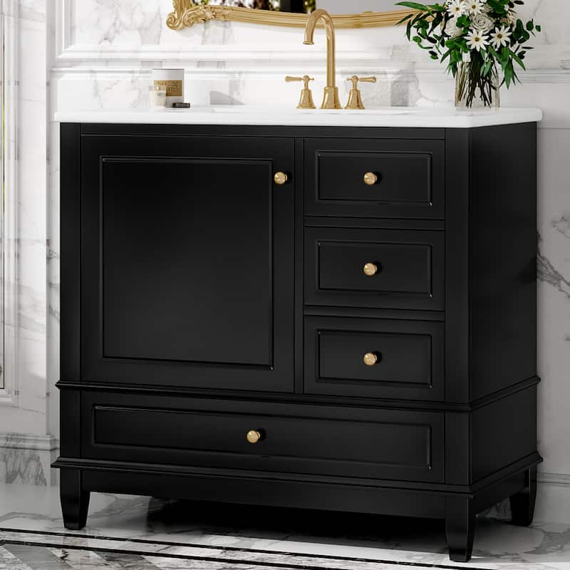 36" Bathroom Vanity with Ceramic Sink - MDF & Solid Wood Base, 3 Drawers & Storage Cabinet, Freestanding Design, 4" Faucet Holes