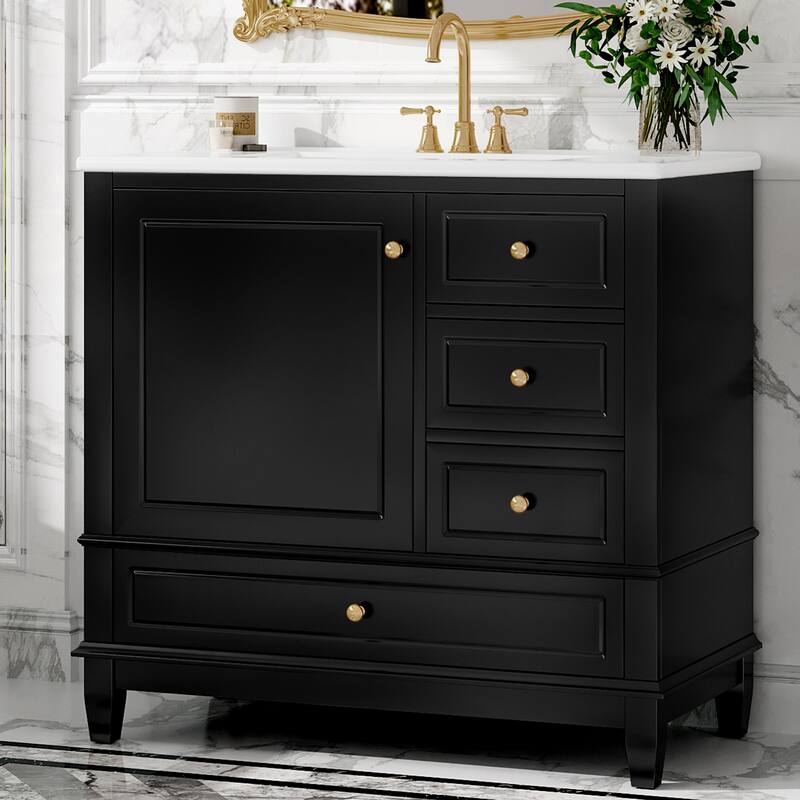 Roomfitters 36" Bathroom Vanity with Ceramic Sink, Solid Wood Frame, 3 Drawers & Soft-Close Door with Racks - Black