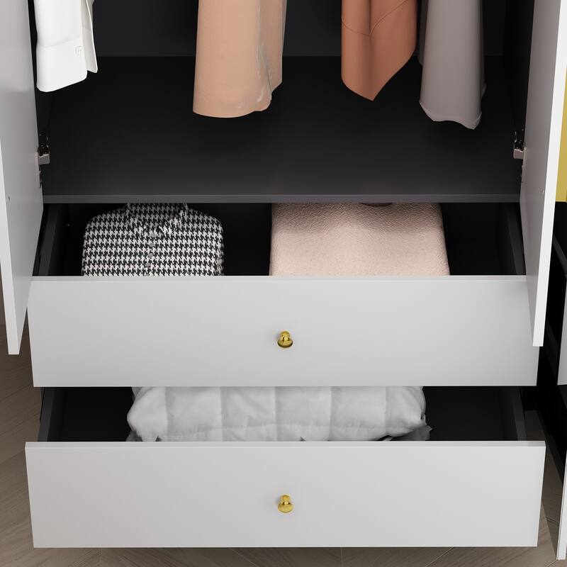 Wooden 2 Drawers 4 Doors Wardrobe Armoire With Mirror (Gray/Black)