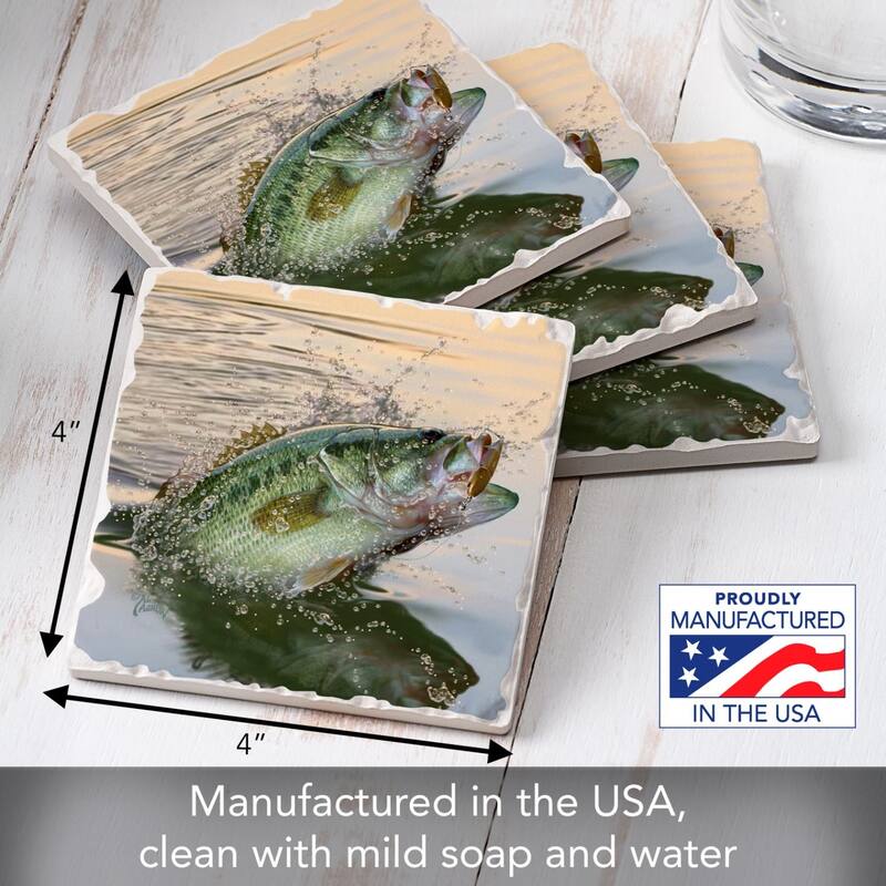 Bass Eruption 4-Pack Absorbent Stone Coasters with Protective Cork Backing 4" Square Made in The USA Easily Wipes Clean