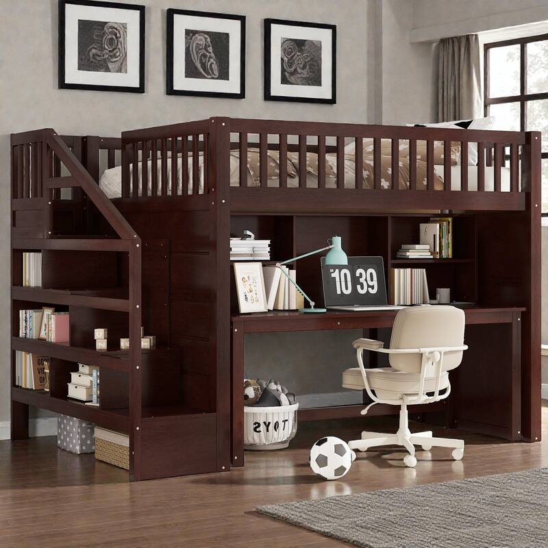 Loft Bed with Movable Desk, Storage Stairs & Shelves, Solid Wood Twin/Full High Loft Bed with Study Area & Safety Guardrails