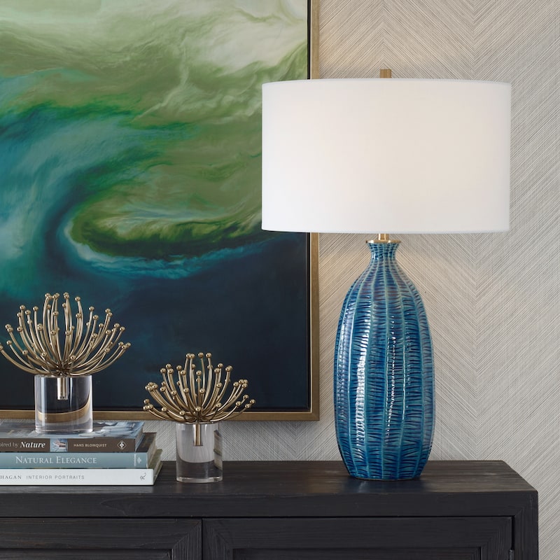 Ceramic Table Lamp with White Round Shade - 28.75" - Blue