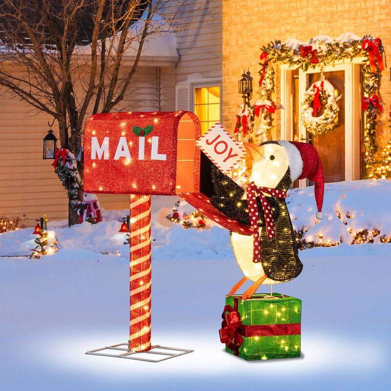 Gymax Lighted Christmas Decoration Mailbox & Penguin w/160 LED Lights - Red