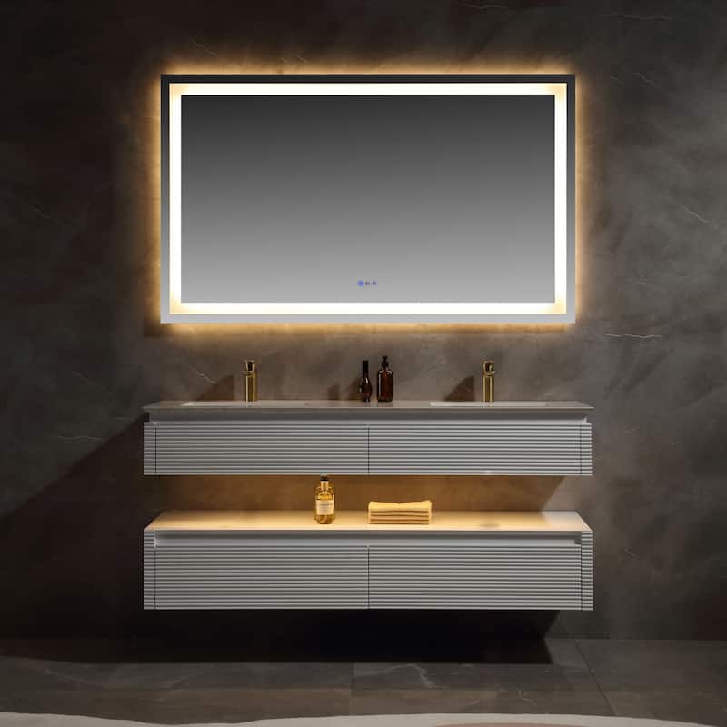 Modland 36/48 Inch LED Floating Vanity with Marble Top & Soft-Close Drawer - Green/White, Wall Drain Ready