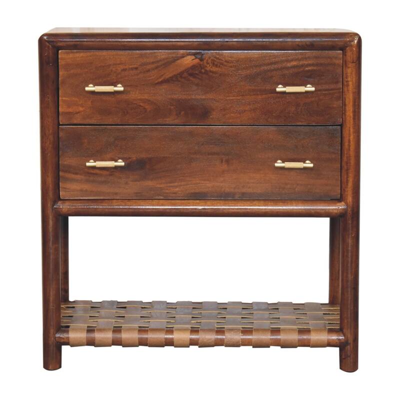HomeRoots 32" Brown Solid Wood Two Drawer Nightstand With Leather Shelf