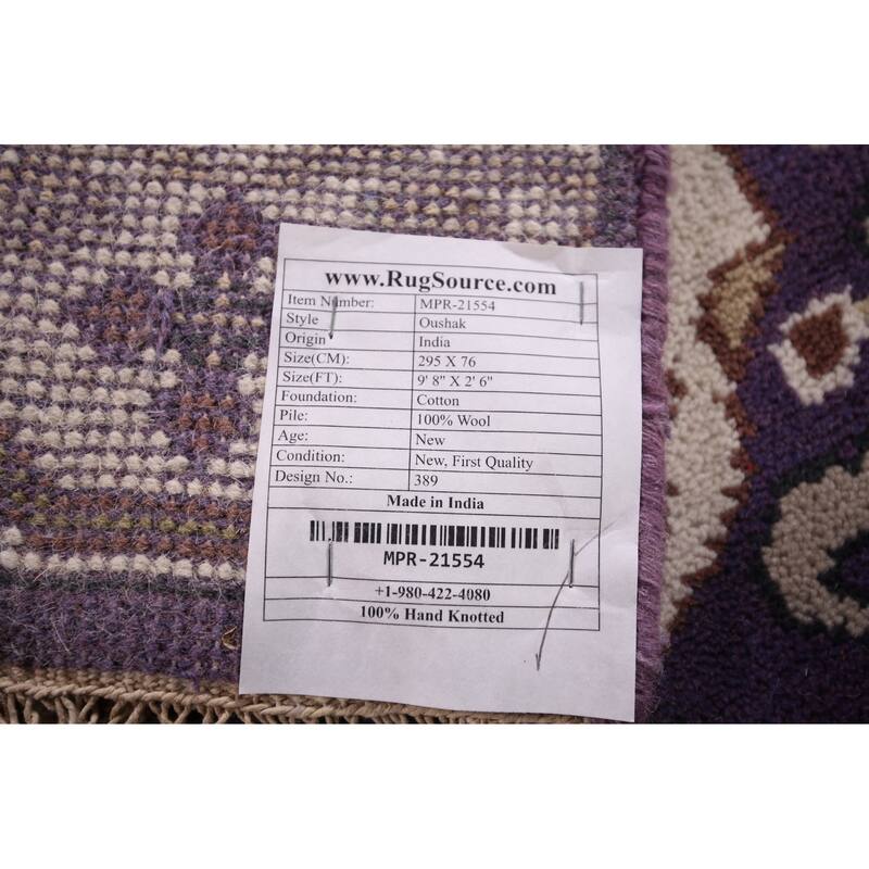 Purple & Ivory Oushak Indian Runner Rug Hand-Knotted Wool Carpet - 2'6"x 9'8"