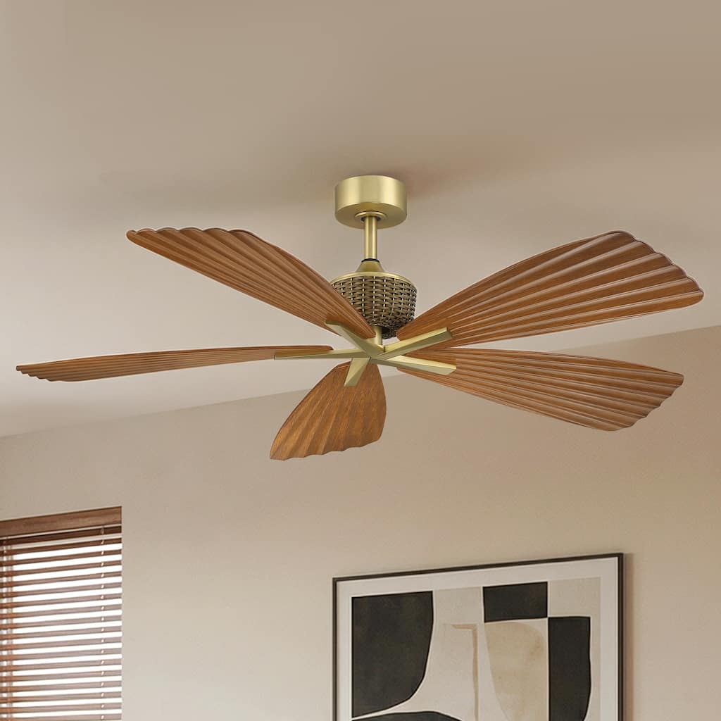 56" Tropical Brown Palm Leaf 5-Blade Indoor Outdoor Ceiling Fan with Remote, No Light