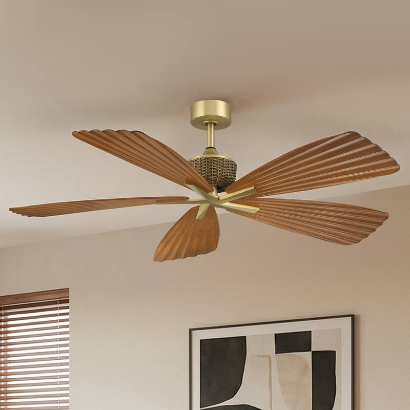56" Tropical Brown Palm Leaf 5-Blade Indoor Outdoor Ceiling Fan with Remote, No Light