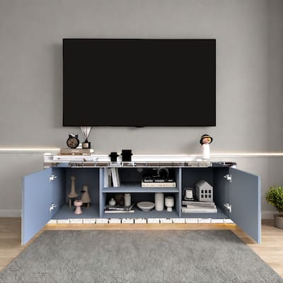 59" Luxury Crystal-Crush TV Stand for 65" TVs, Adjustable Shelves + Glamorous Storage with Safe Tempered Glass