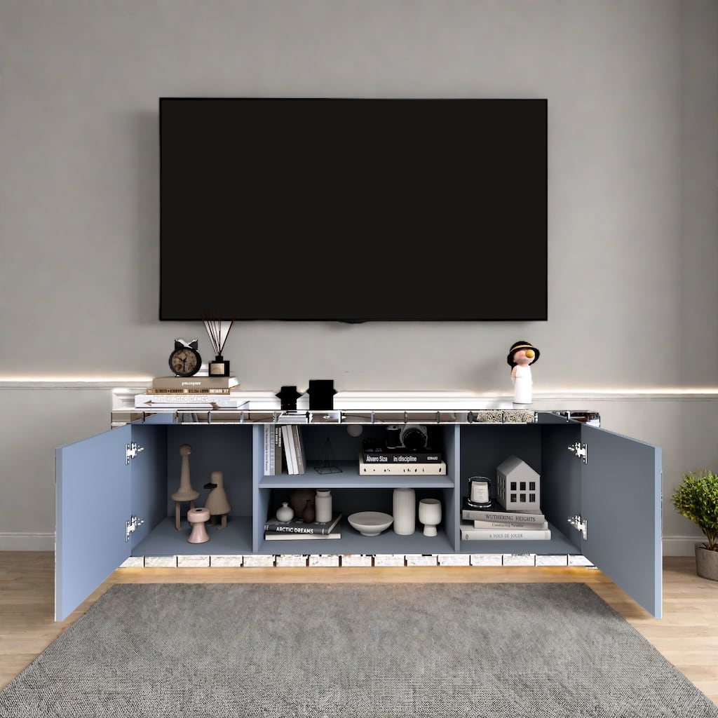 59" Luxury Crystal-Crush TV Stand for 65" TVs, Adjustable Shelves + Glamorous Storage with Safe Tempered Glass
