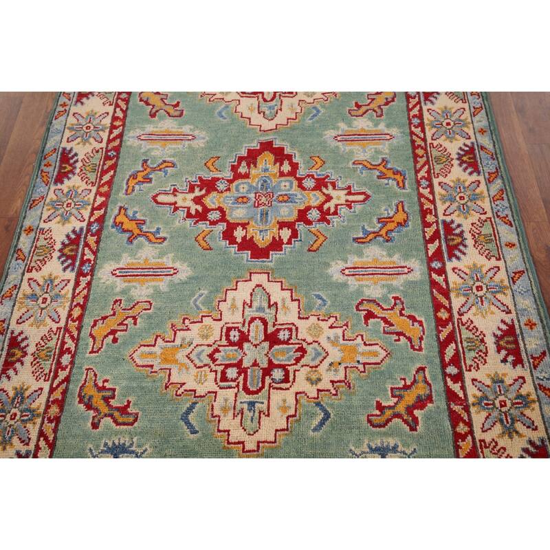 Light Green Kazak Accent Rug Handmade Wool Carpet - 3'5" x 4'11"