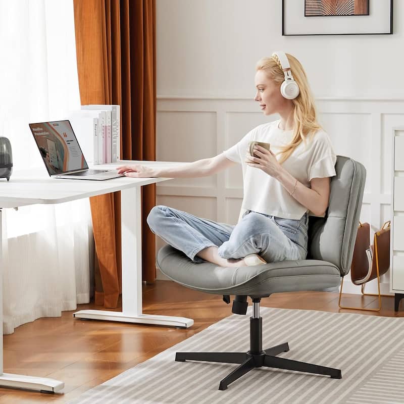 Criss Cross Legged Chair No Wheels Armless Wide Seat Adjustable Height Swivel Thick Padded PU Leather Comfortable Home Office