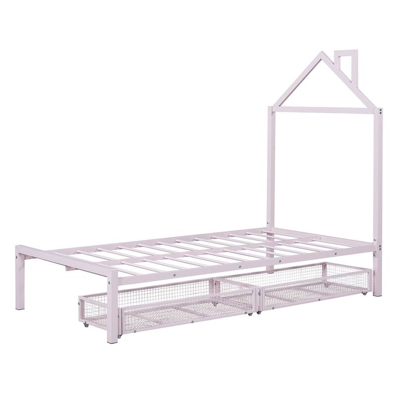 Twin Size Metal Platform Bed with two drawers, House-Shaped Headboard
