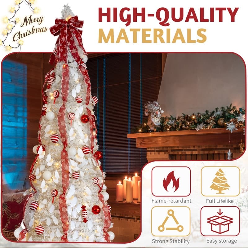 6 FT Fully Decorated Pre-lit Christmas Tree, Pop Up Artificial Xmas Tree for Home Office Store Holiday Deco, White