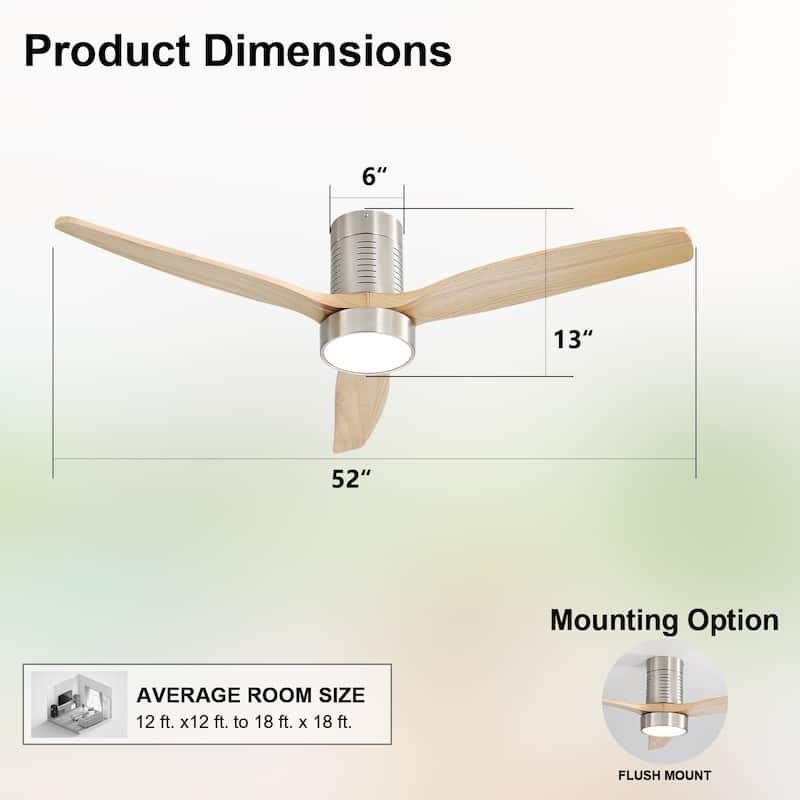 52 Inch Flush Mount Wood Blades White Ceiling Fan Reverse Airflow,6 Wind Speed,Remote Control