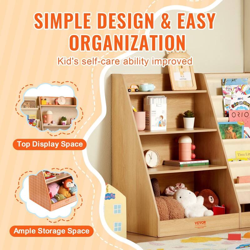 4-Tier Kids Wooden Bookshelf, Six-Layer Sling Bookcase, Baby Storage Book Rack, Book Toy Organizer Cabinet, for Kids Room