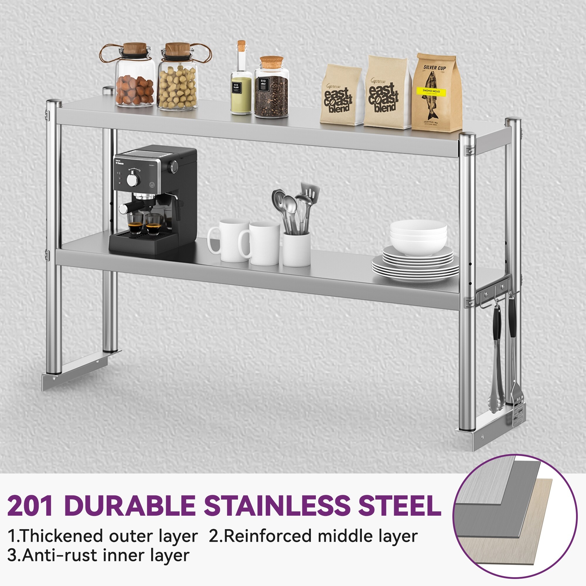 NSF Stainless Steel 2-Tier Overshelf – 48x12x33 Inch, 420Lb Capacity For Kitchen Prep Tables