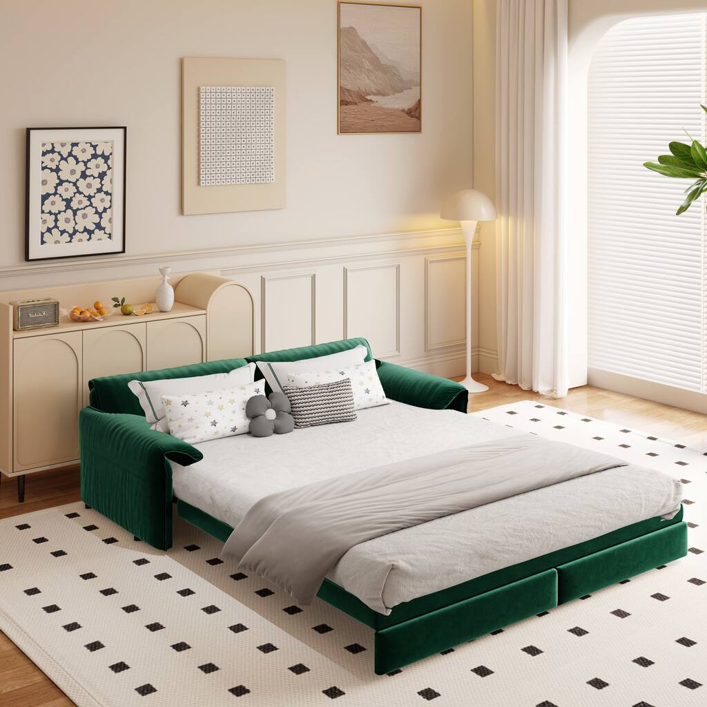 66" Queen Velvet Pull Out Sofa Bed w/ Side Storage Multi-Functional Loveseat Bed for Living Room Office - Green