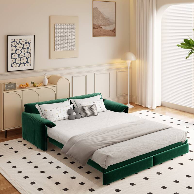 Pull Out Sofa Bed, 3-in-1 Convertible Sleeper Sofa with Side Storage, Velvet Loveseat Bed Chaise Sofa