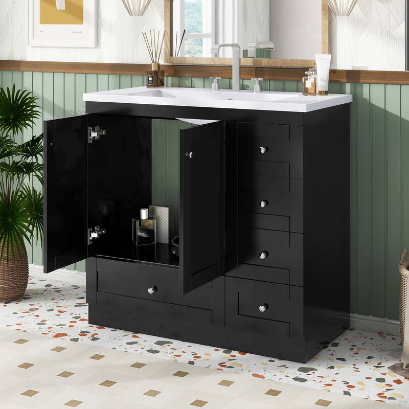 GDFStudio - Vega Wood & Ceramic 36" Shaker Style Bathroom Vanity with Sink, 4 Drawers & 2 Doors - 36" + Resin + 2 packages - Black