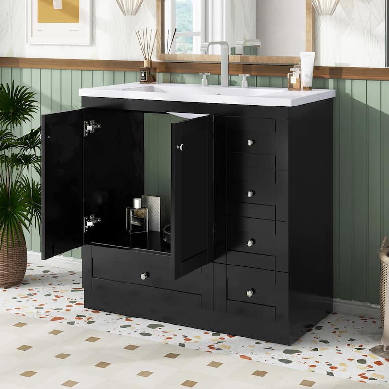 GDFStudio - Vega Wood 36" Shaker Style Bathroom Vanity with 4 Smooth-Glide Drawers & 2 Soft Close Doors