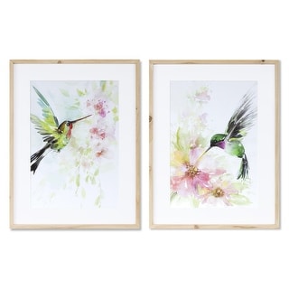 2 Green Pink Hummingbird Watercolor Framed Wall Art Decorations 19.75 