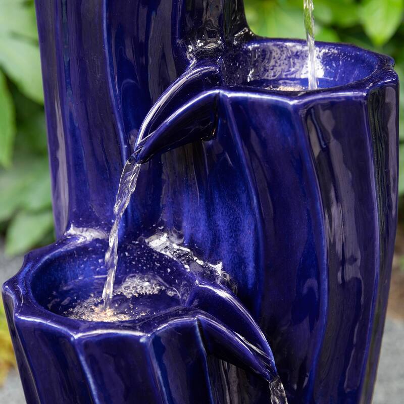 Glitzhome 29.5"H 4-Tiered Wavy Textured Outdoor Ceramic Floor Fountain with LED Light
