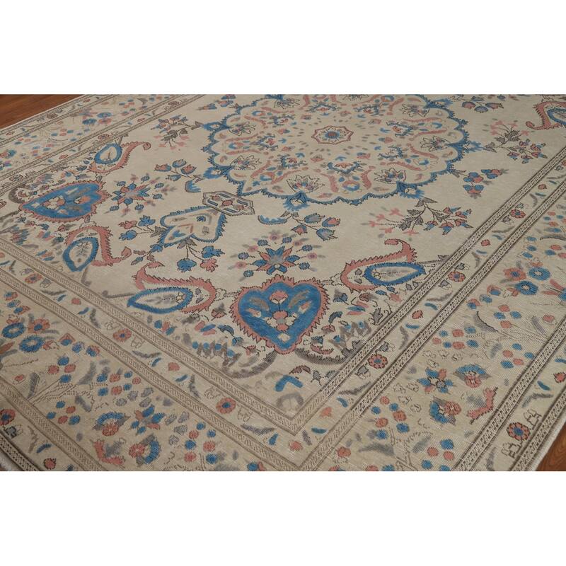 Floral Tabriz Persian Area Rug Traditional Beige Handmade Wool Carpet - 8'1"x 10'11"