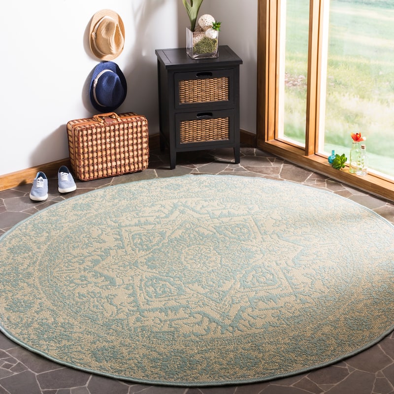 SAFAVIEH Linden Rick Indoor/ Outdoor Waterproof Patio Backyard Rug - 6'7" x 6'7" Round - Cream/Aqua