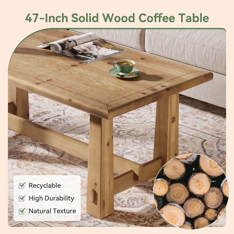 47-Inch Sturdy Rectangular Solid Wood Coffee Table