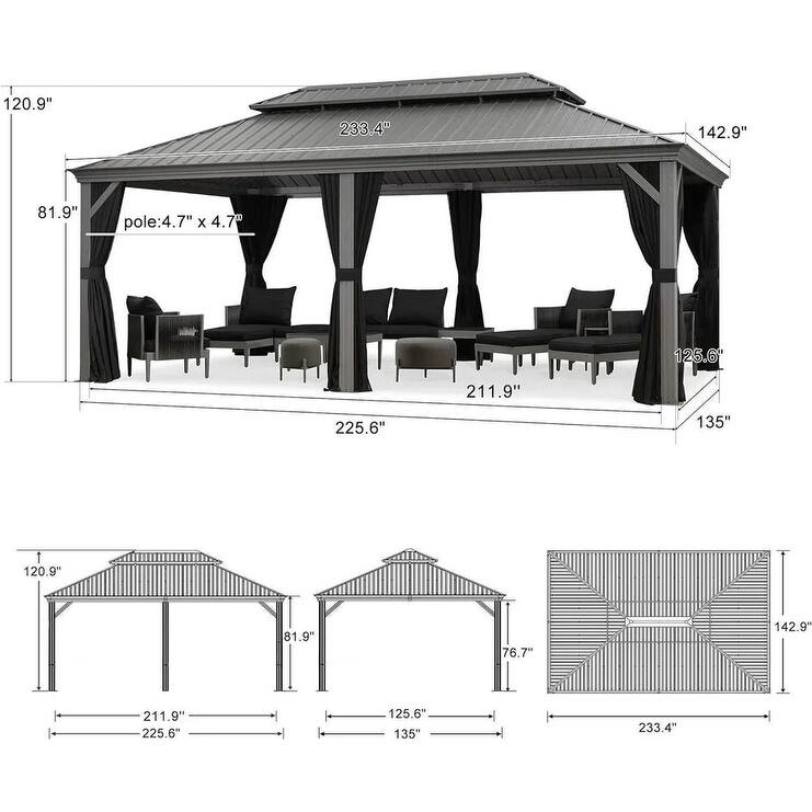 PURPLE LEAF Patio Gazebo for Light Grey Backyard Hardtop Galvanized Steel Frame with Upgrade Curtain