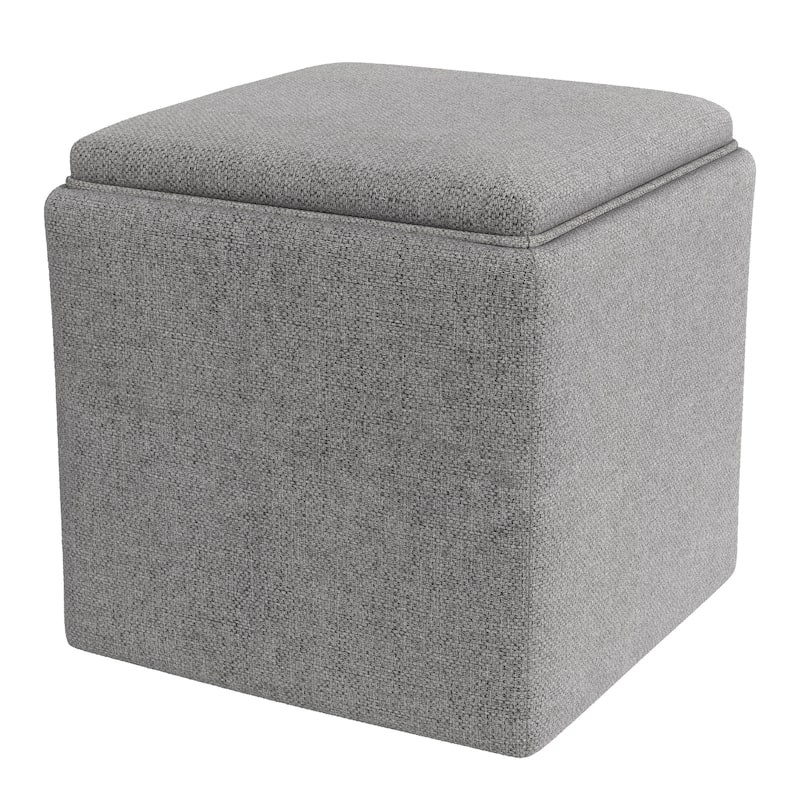 Soa Storage Accent Ottoman, 18 Inch Square Tray Top, Gray Woven Fabric