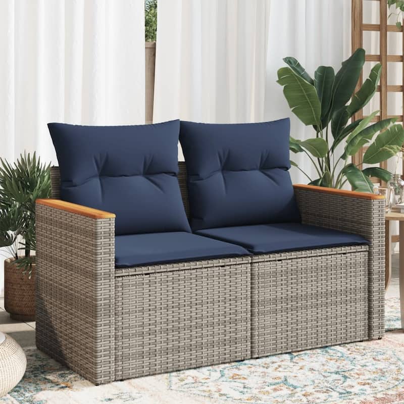 vidaXL Patio Sofa with Cushions 2-Seater Gray Poly Rattan - 48.8 x 24.4 x 27.2