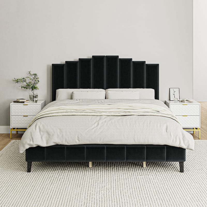 Tufted Upholstered Platform Bed with Sturdy Center Legs and Elegant Headboard for Bedroom by HULALA HOME - BLACK - King